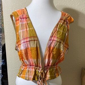 Aerie Plaid V-neck Front Tie Top NWT Size L